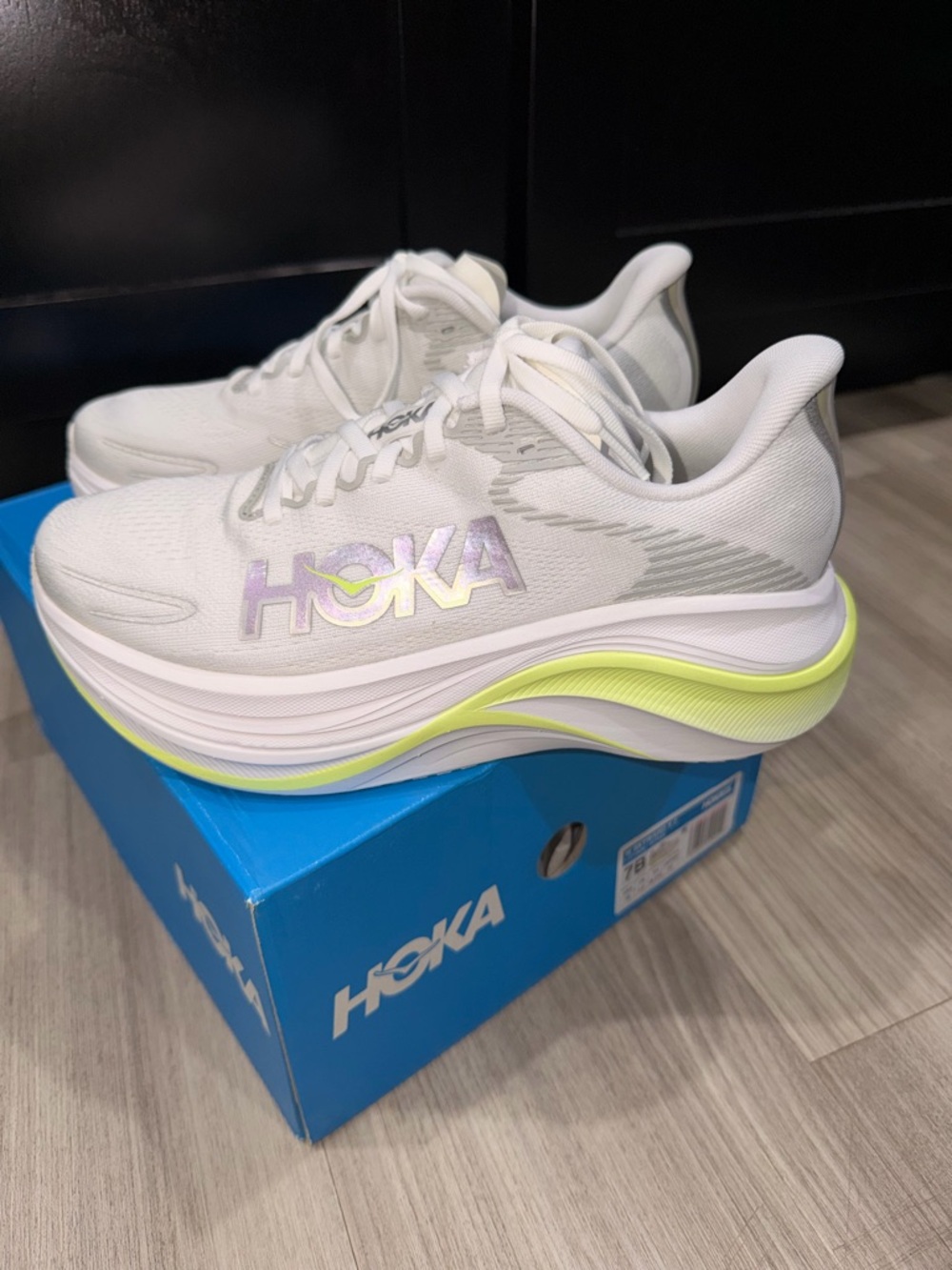 Hoka Women's White Sneakers with Neon Yellow Accents